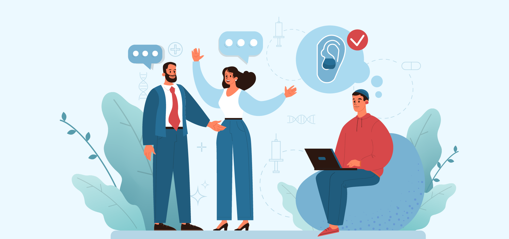 Illustration of two people happily conversing while another person sits nearby using a laptop, with symbols representing communication and hearing health in the background